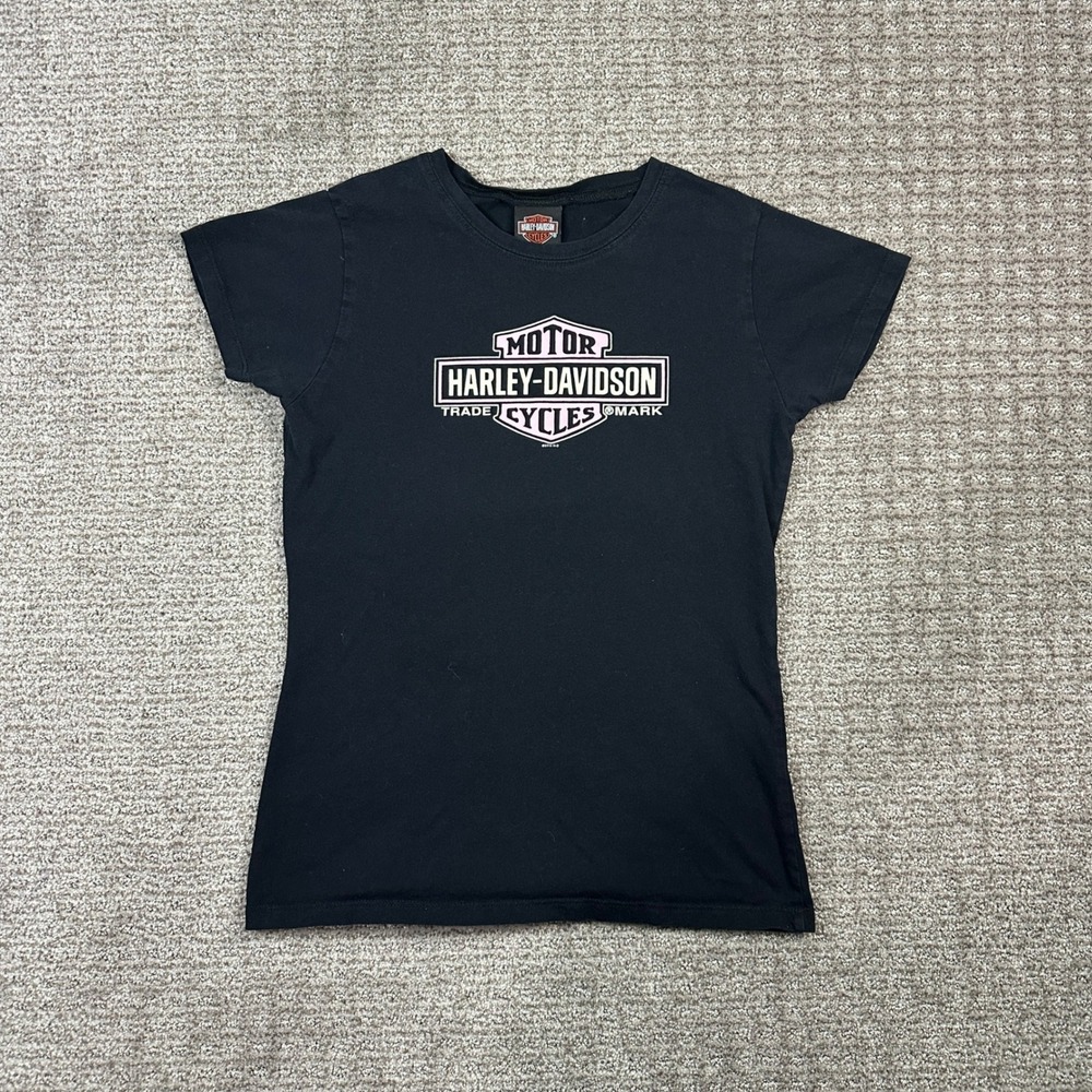 Y2K Harley-Davidson Womens Black Pink Logo T-Shirt Crow River Delano MN Size L